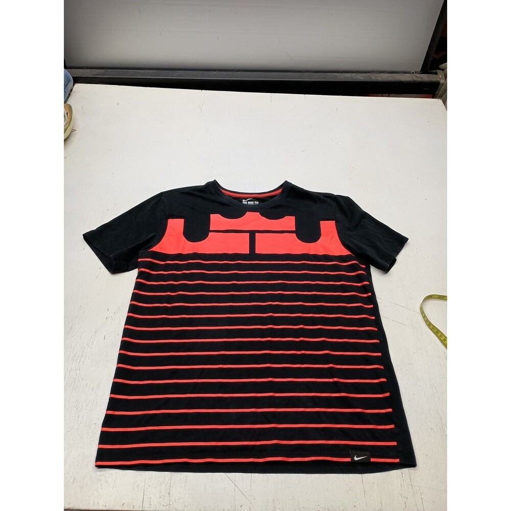 The Nike Tee Mens Large Red Black Stripe Dri-Fit Short Sleeve Athletic Fit